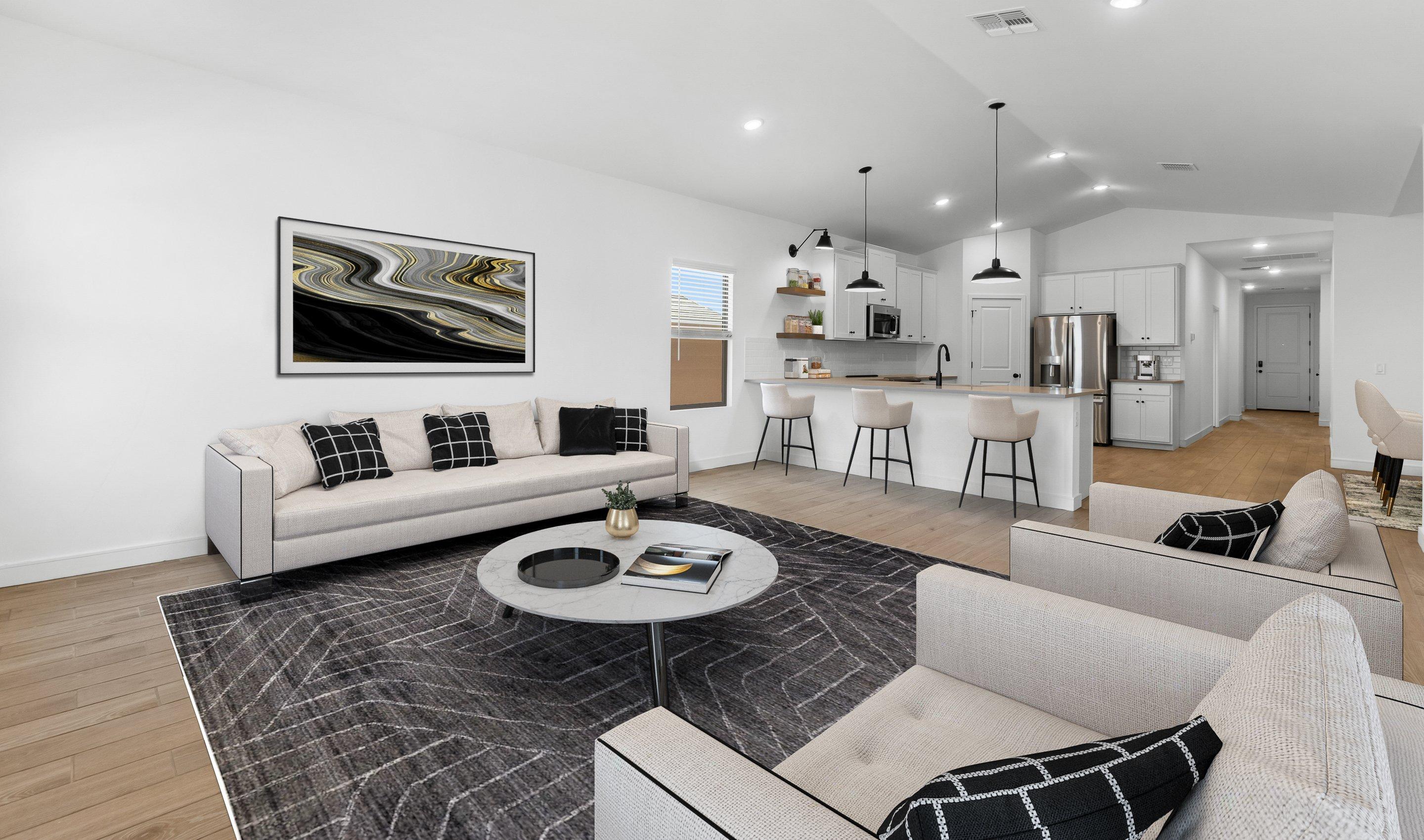 Vaulted ceiling unites main living areas