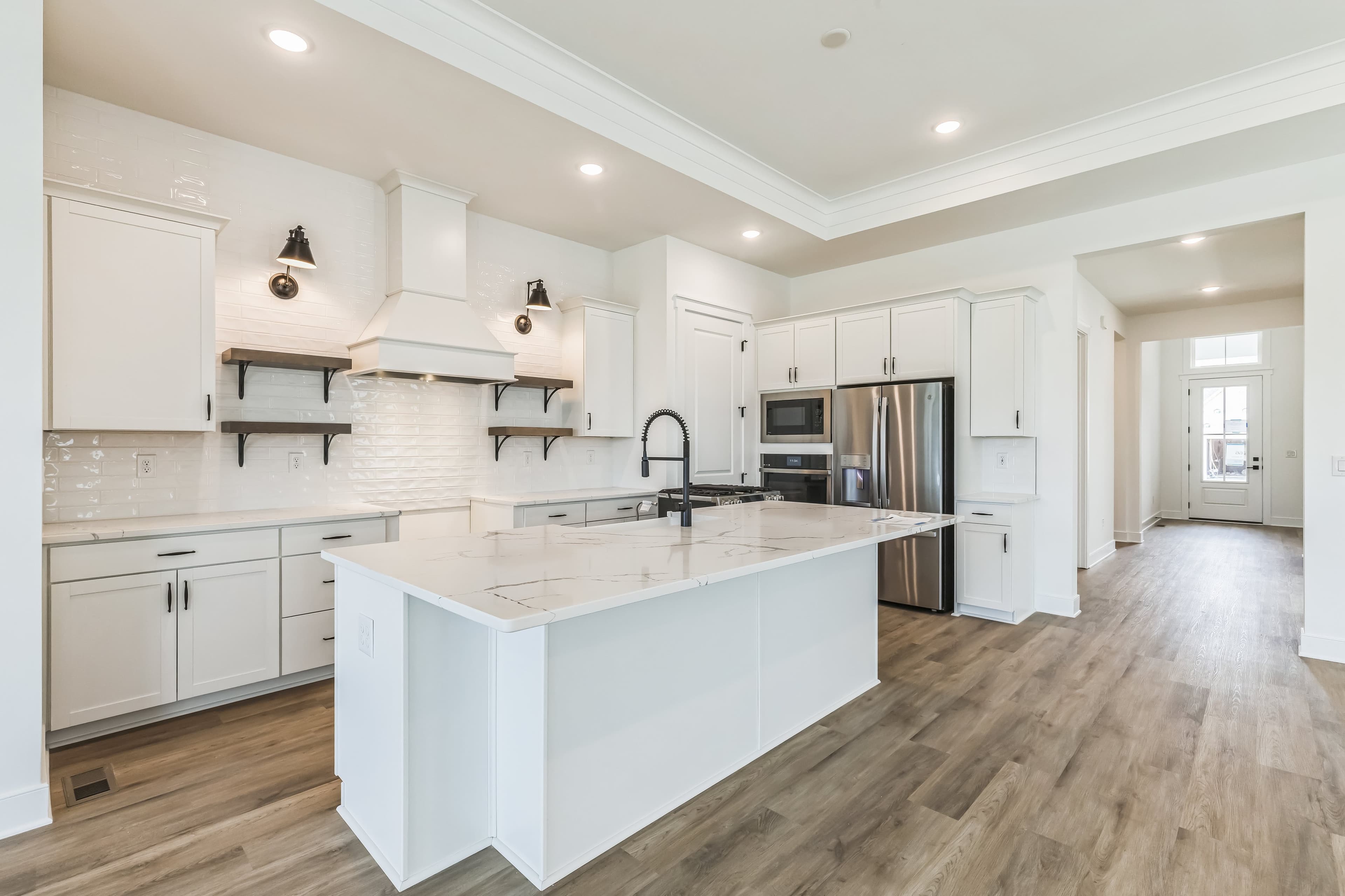Kitchen with stylish floating shelves