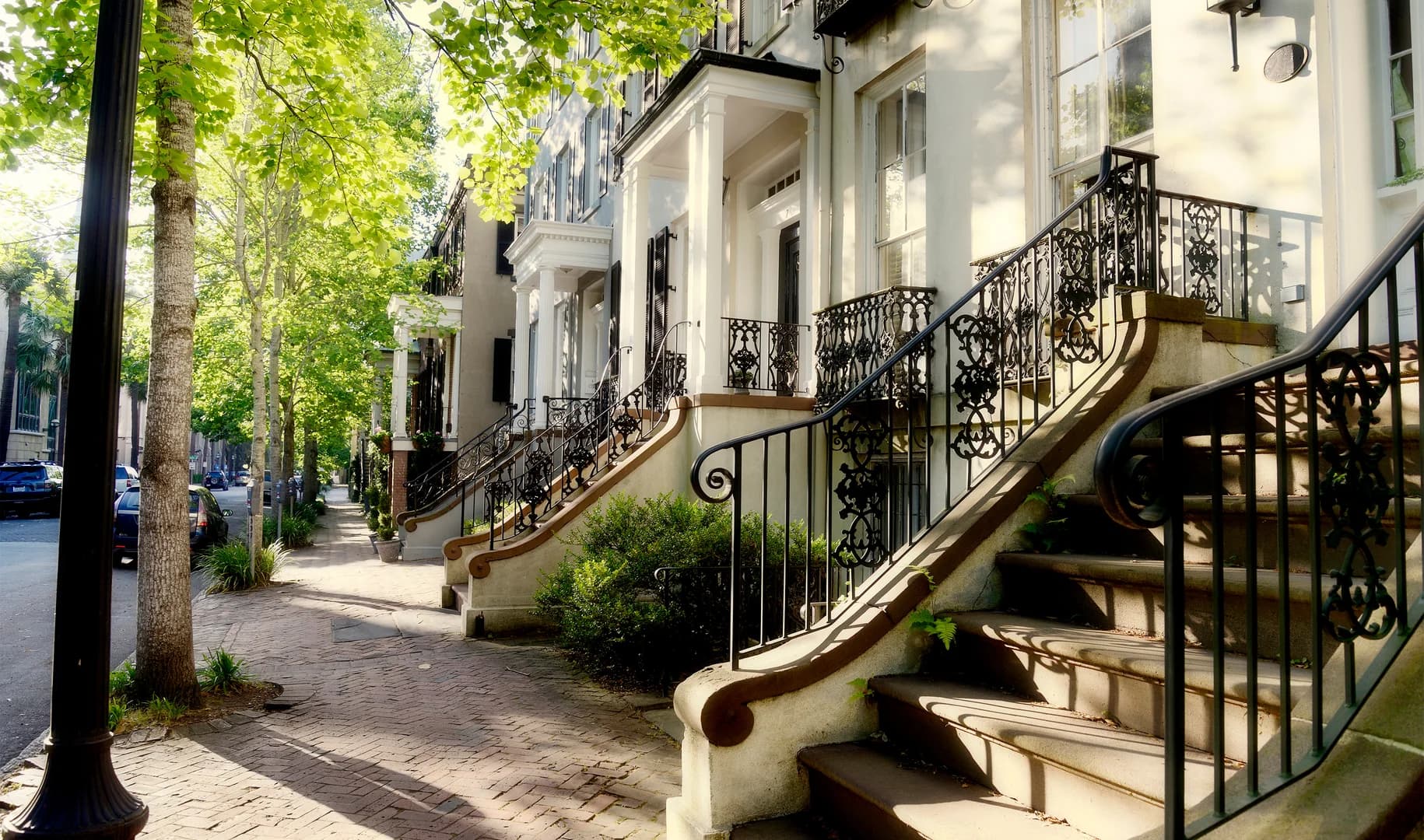 walk up buildings on residential street in downtown Savannah Georgia