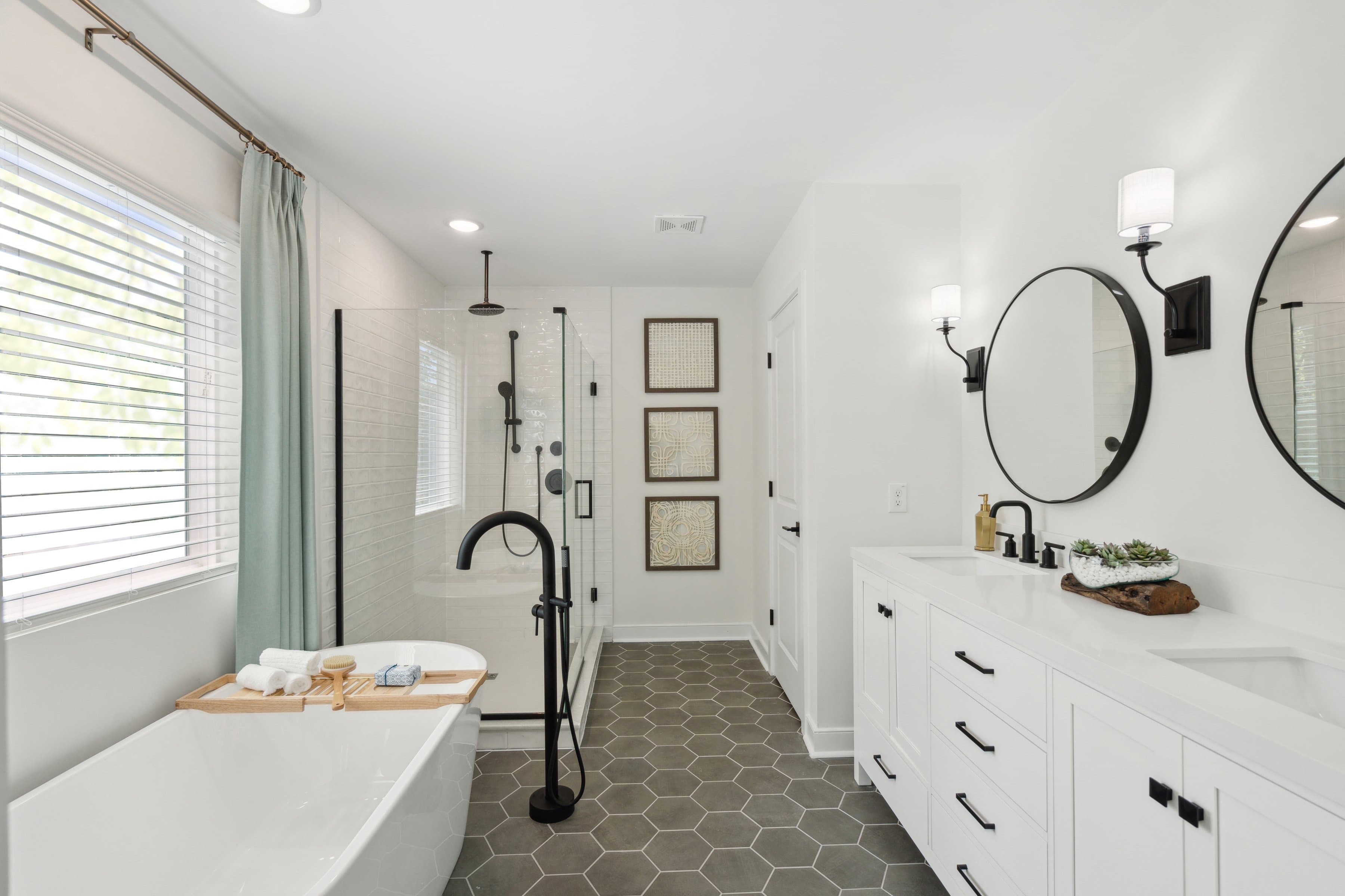 Primary bath with dual sinks & matte black fixtures