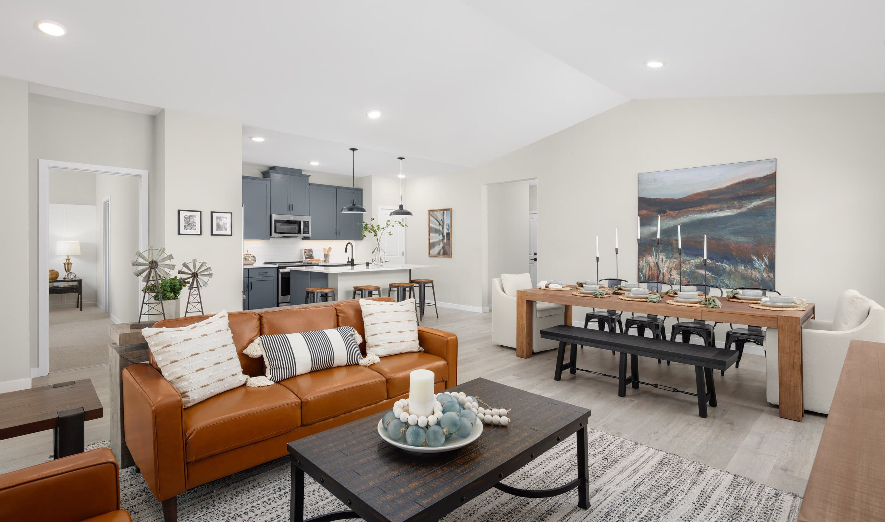 Main living areas united under vaulted ceiling